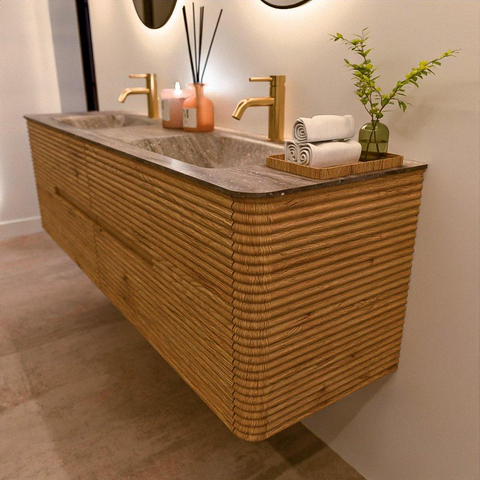 Mondiaz CIRO-DLUX Ensemble de meubles de salle de bains - 170x45x50cm - Plan-vasque solid surface Oza - 2 vasques double - 2 trous de robinet - 4 tiroirs - Chêne SW1531144