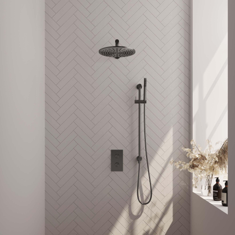 Brauer Gunmetal Carving Ensemble de douche pluie encastré - douche principale 30cm - bouton carving - douchette à main Barre 1 fonction - glijstang - PVD - gunmetal brossé SW715981