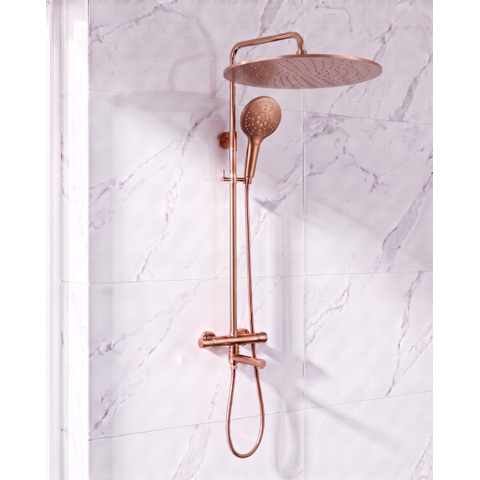 Fortifura Calvi Ensemble de douche pluie - thermostatique - pomme de douche 30cm - flexible lisse - douchette ronde - bec de baignoire pivotant - Cuivre brossé PVD (Cuivre) SW1592476