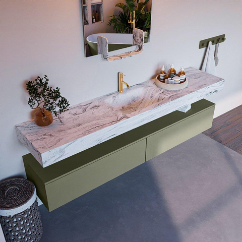Mondiaz ALAN-DLUX Ensemble de meuble - 200cm - meuble Army mat - 2 tiroirs - Lavabo Cloud Glace suspendu - vasque Centre - 1 trou de robinet SW805964