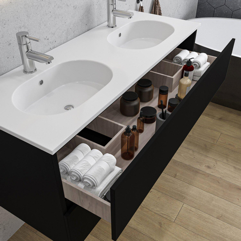 Adema Chaci Ensemble salle de bains 121x46x57cm avec 2 tiroirs sans poignée avec miroir 2 vasques en céramique 2 trous de robinet Noir mat SW724529