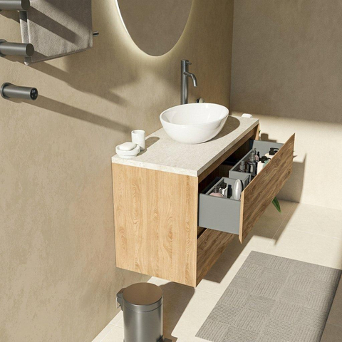 Saniclass Holz Pure Badkamermeubelset - 100x45x63cm - Travertine natuurstenen topblad - 1 kraangat - 2 lades - mat eiken natural (hout) SW1478866