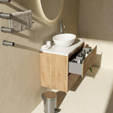 Saniclass Holz Pure Badkamermeubelset - 80x45x63cm - Travertine natuurstenen topblad - 1 kraangat - 2 lades - mat eiken natural (hout) SW1478851