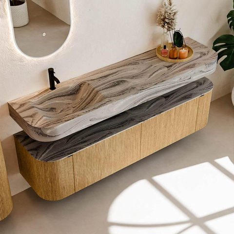MONDIAZ THOR-DLUX 180cm meuble de salle de bains arrondi gauche + droite couleur Oak avec 2 tiroirs et 2 portes. Vasque suspendue CLOUD gauche 1 trou de robinet couleur Sombra. SW1466252
