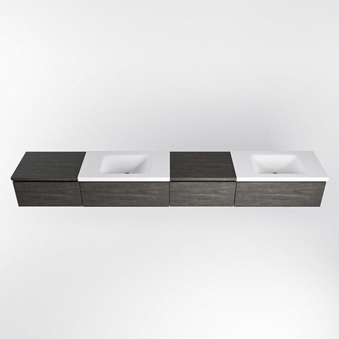 MONDIAZ BUKLA 280cm ensemble de meuble avec module 60 à droite couleur Marron Foncé avec 4 tiroirs. Lavabo CLOUD double 2 trous de robinet couleur Talc. SW1382330