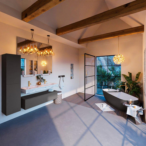 Mondiaz ALAN-DLUX Ensemble de meuble - 130cm - meuble Dark grey mat - 1 tiroir - Lavabo Cloud Glace suspendu - vasque Gauche et droite - 2 trous de robinet SW805469