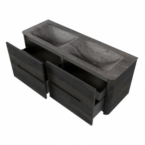 Mondiaz CIRO-DLUX Meuble de salle de bains - 130x45x50cm - lavabo Solid surface Oza - 2 vasques Double - sans trous de robinet - 4 tiroirs - Shadow SW1532384