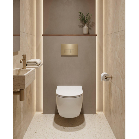 QeramiQ Dely Pack WC - 36.3x51.7cm - à fond creux - sans bride - réservoir encastré Geberit UP320 - abattant WC à fermeture douce - plaque de déclenchement en laiton brossé - boutons rectangulaires - blanc brillant SW804662