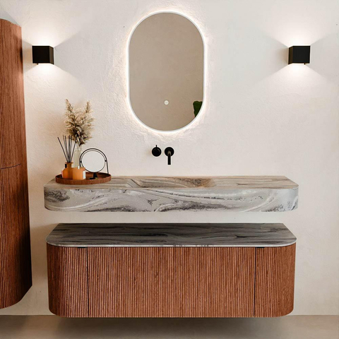 MONDIAZ THOR-DLUX Meuble de salle de bains 140cm arrondi gauche + droite couleur Ruby avec 1 tiroir et 2 portes. Vasque suspendue CLOUD Centre sans trou de robinet couleur Sombra. SW1464240