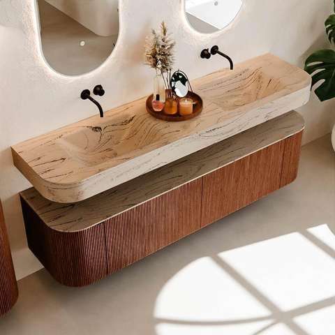 MONDIAZ THOR-DLUX 180cm meuble de salle de bains arrondi gauche + droite couleur Ruby avec 2 tiroirs et 2 portes. Vasque suspendue CLOUD Double sans trou de robinet couleur Arena. SW1466127