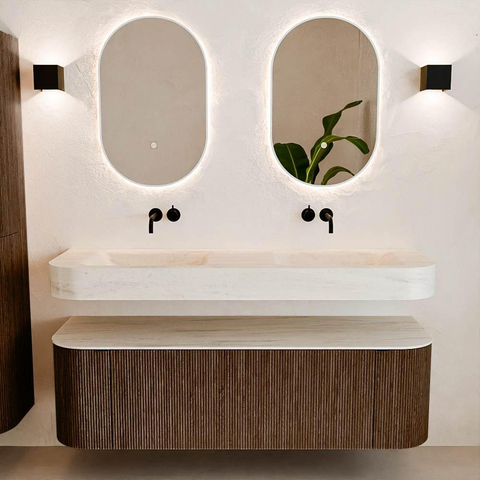 MONDIAZ THOR-DLUX 150cm meuble de salle de bains arrondi gauche + droite couleur Walnut avec 1 tiroir et 2 portes. Vasque suspendue CLOUD Double sans trou de robinet couleur Meli. SW1464755