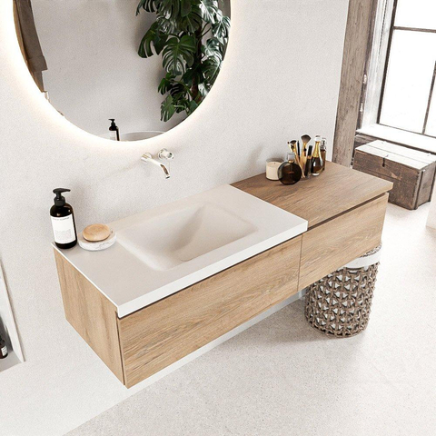 MONDIAZ BUKLA Meuble de salle de bains 140cm avec module 60 couleur Chêne lavé avec 2 tiroirs. Lavabo CLOUD gauche 0 trou de robinet couleur Talc. SW1381978