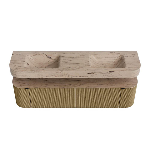 MONDIAZ THOR-DLUX 180cm meuble de salle de bains arrondi gauche + droite couleur Dusk avec 2 tiroirs et 2 portes. Vasque suspendue CLOUD Double sans trou de robinet couleur Arena. SW1466141