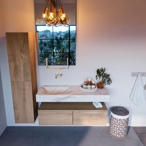MONDIAZ ALAN - DLUX Badkamermeubelset - 120cm - onderkast - Washed Oak - 2 lades - vrijhangende wastafel - wasbak links - 0 kraangaten - Frappe SW808707