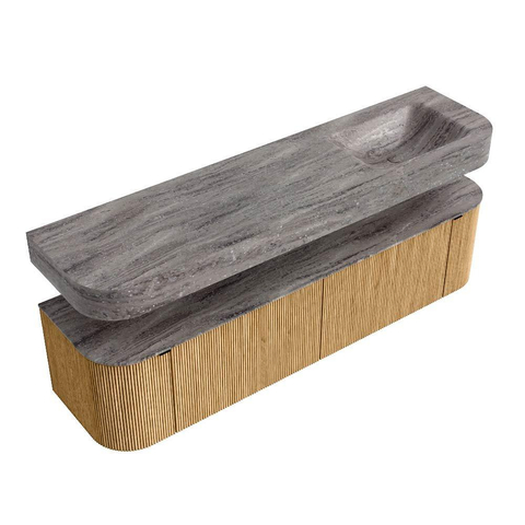 MONDIAZ THOR-DLUX 180cm meuble de salle de bains arrondi gauche + droite couleur Oak avec 2 tiroirs et 2 portes. Vasque suspendue CLOUD Droite sans trou de robinet couleur Oza. SW1466336