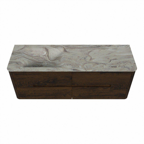 Mondiaz CIRO-DLUX Ensemble de meubles de salle de bains - 140x45x50cm - vasque solid surface Glace - 1 bassin à gauche - sans trous de robinet - 4 tiroirs - Noyer SW1530265