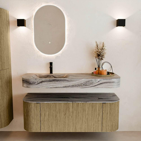 MONDIAZ THOR-DLUX Meuble de salle de bains 130cm arrondi gauche + droite couleur Dusk avec 1 tiroir et 2 portes. Vasque suspendue CLOUD Gauche 1 trou de robinet couleur Sombra. SW1464071