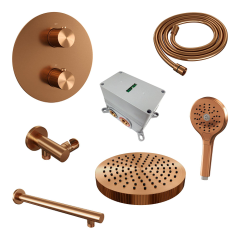 BRAUER Stripe Douche de tête thermostatique encastrée - 3 voies - ronde - SET 40 - pomme de douche 25 cm - bras mural droit - douchette 3 positions - flexible de douche - coude mural - cuivre brossé PVD SW1434942
