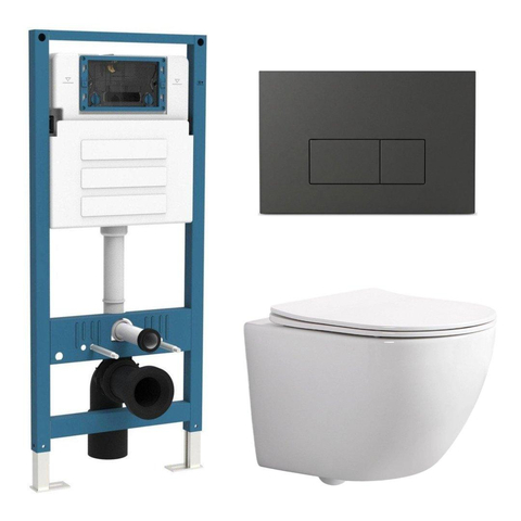 QeramiQ Dely Swirl Compact Toiletset - inbouwreservoir QeramiQ flush - slim zitting - kunststof bedieningsplaat mat antraciet - rechthoekige knoppen - glans wit SW1590521