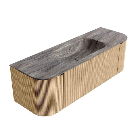 MONDIAZ KURVE-DLUX Meuble de salle de bains 140cm arrondi Gauche + Droite couleur Chêne avec 1 tiroir et 2 portes. Lavabo BIG SMALL Central 1 trou de robinet Oza. SW1432632