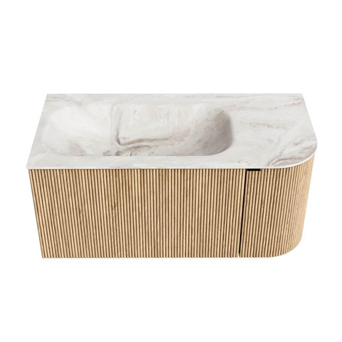 MONDIAZ KURVE-DLUX 95cm badmeubel met module 25 R kleur Oak met 1 lade en 1 deur. Wastafel BIG SMALL links 1 kraangat kleur Frappe. SW1137336