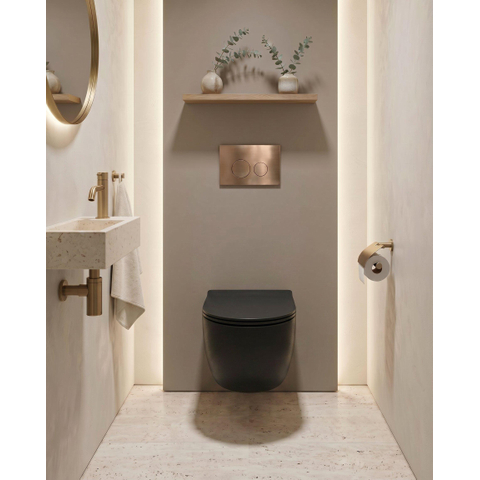 QeramiQ Dely Swirl Toiletset - inbouwreservoir Qeramiq Flush - slim zitting - metaal koperen bedieningsplaat - ronde knoppen - mat zwart SW1578315