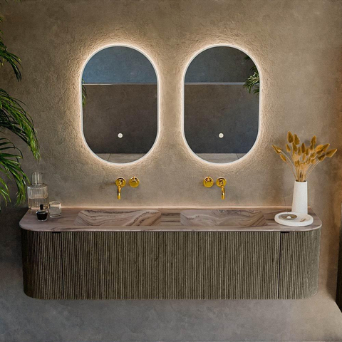 MONDIAZ KURVE-DLUX Meuble de salle de bains 170cm arrondi Gauche + Droite couleur Shadow avec 1 tiroir et 2 portes. Lavabo LEAF Double sans trou de robinet Sombra. SW1433791