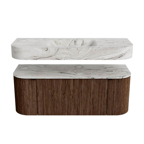 MONDIAZ THOR-DLUX 120cm badmeubel ronding links + rechts kleur Walnut met 1 lade en 2 deuren. Vrijhangende wastafel CLOUD Midden 1 kraangat kleur Glace. SW1463199