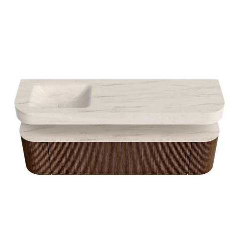 MONDIAZ THOR-DLUX Meuble de salle de bains 170cm arrondi gauche + droite couleur Walnut avec 1 tiroir et 2 portes. Vasque suspendue CLOUD Gauche sans trou de robinet couleur Meli. SW1465754