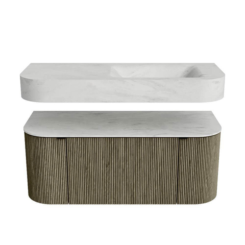 MONDIAZ THOR-DLUX 110cm meuble de salle de bains arrondi gauche + droite couleur Shadow avec 1 tiroir et 2 portes. Vasque suspendue CLOUD Droite sans trou de robinet couleur Opalo. SW1462912