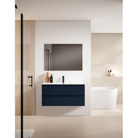 Saniclass Prime Blend Meuble de salle de bain - 100x55x46cm - 1 vasque rectangulaire en céramique blanc - 1 trou de robinet - 2 tiroirs - miroir rectangulaire - mat marine bleu SW917092