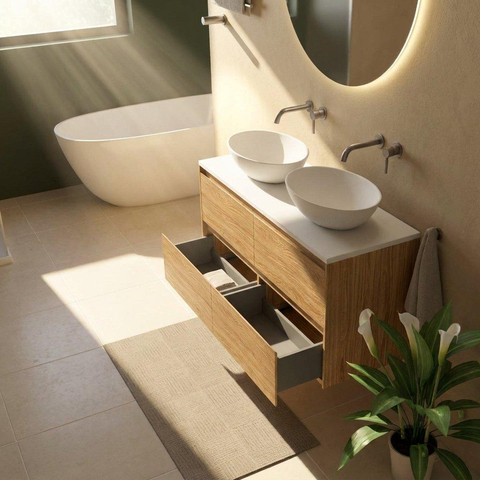 Saniclass Holz Pure Badkamermeubelset - 120x45x62.5cm - Torino solid surface topblad wit - zonder kraangat - 4 lades - mat eiken natural (hout) SW1478715