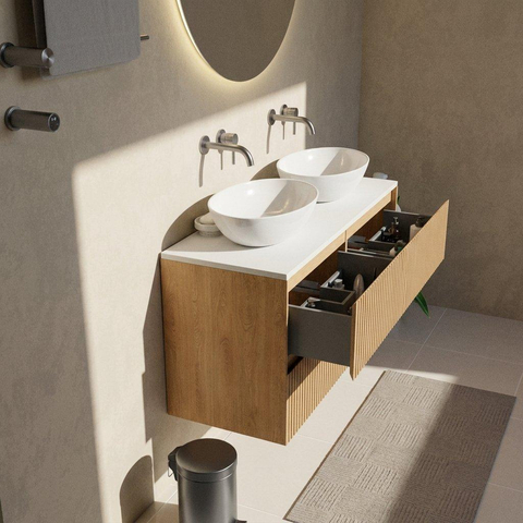 Saniclass Holz Atelier Badkamermeubelset - 120x45x62.5cm - Torino solid surface topblad wit - zonder kraangat - 4 lades - mat eiken natural (hout) SW1478712