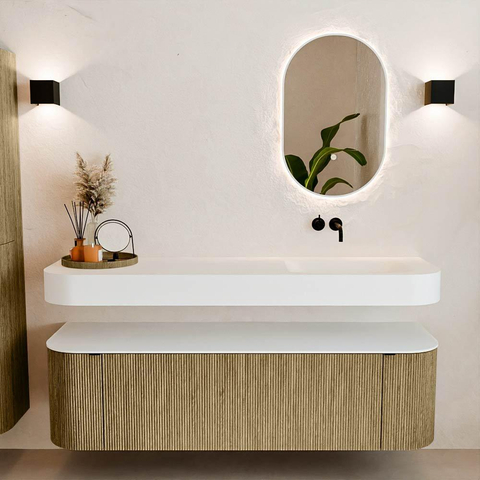 MONDIAZ THOR 160cm meuble de salle de bains arrondi gauche + droite couleur Dusk avec 1 tiroir et 2 portes. Vasque suspendue CLOUD droite sans trou de robinet couleur Talc. SW1465033
