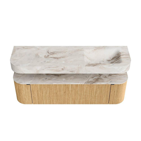 MONDIAZ THOR-DLUX 160cm badmeubel ronding links + rechts kleur Oak met 1 lade en 2 deuren. Vrijhangende wastafel CLOUD Rechts zonder kraangat kleur Frappe. SW1464941