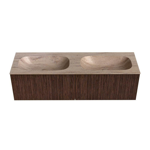 MONDIAZ KURVE-DLUX meuble de salle de bains 150cm couleur Walnut avec 2 tiroirs et 0 porte. Lavabo STOR SMALL Double 2 trous de robinet Saba. SW1433222