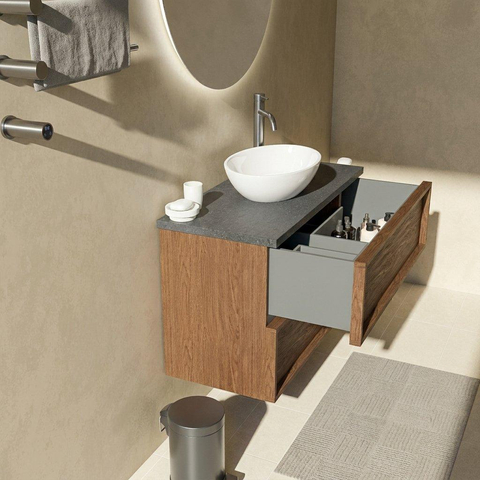 Saniclass Holz Frame Badkamermeubelset - 100x45x63cm - Noche basalten wastafelblad gepolijst (zwart) - 1 kraangat - 2 lades - mat walnut pure (hout) SW1579909