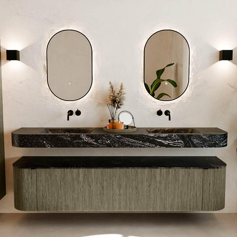MONDIAZ THOR-DLUX 200cm meuble de salle de bains arrondi gauche + droite couleur Shadow avec 2 tiroirs et 2 portes. Vasque suspendue CLOUD Double sans trou de robinet couleur Lava. SW1467039