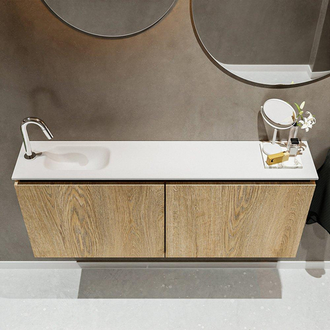 MONDIAZ TURE Fonteinset - 120x23x50cm - 1 kraangat - 2 deuren - washed oak mat - Wasbak links - Solid Surface Wit SW475145