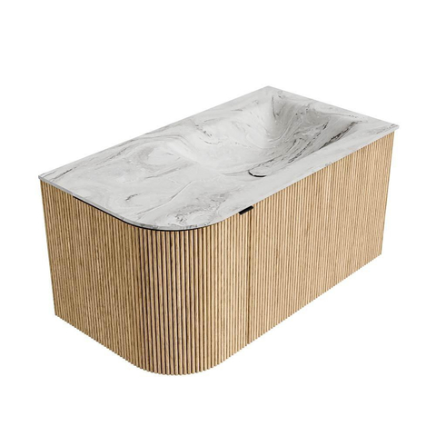 MONDIAZ KURVE-DLUX Meuble de salle de bains 85 cm avec module 25 L couleur Chêne avec 1 tiroir et 1 porte. Vasque CLOUD à droite sans trou de robinet couleur Glace. SW1137895