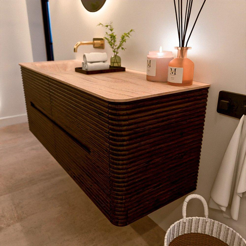 Mondiaz CIRO-DLUX Badkamermeubelset - 130x45x50cm - Solid surface wastafel Saba - 1 wasbak Links - zonder kraangaten - 4 lades - Walnut SW1530707