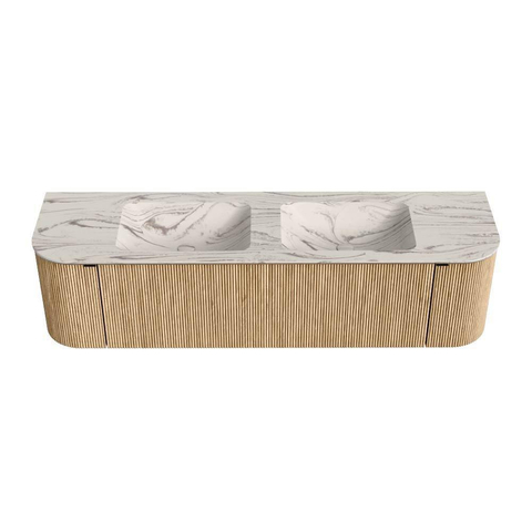 MONDIAZ KURVE-DLUX 170cm badmeubel ronding Links + Rechts kleur Oak met 1 lade en 2 deuren. Wastafel LEAF Dubbel 2 kraangaten Nata. SW1432123