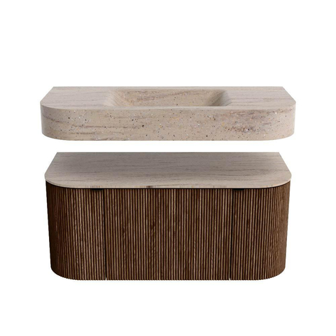 MONDIAZ THOR-DLUX 100cm badmeubel ronding links + rechts kleur Walnut met 1 lade en 2 deuren. Vrijhangende wastafel CLOUD Midden 1 kraangat kleur Saba. SW1467559