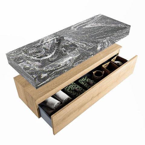 Mondiaz ALAN-DLUX Ensemble de meuble - 130cm - meuble Washed Oak mat - 1 tiroir - Lavabo Cloud Lava suspendu - vasque Gauche - 1 trou de robinet SW808877