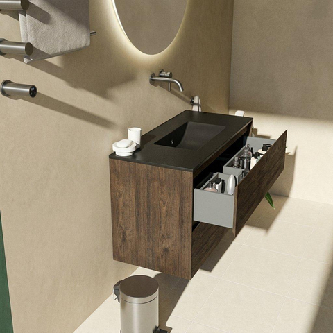 Saniclass Holz Pure Badkamermeubelset - 100x45x62cm - Vygo keramische wastafel zwart - 1 wasbak - zonder kraangat - 2 lades - mat eiken charcoal (hout) SW1478967