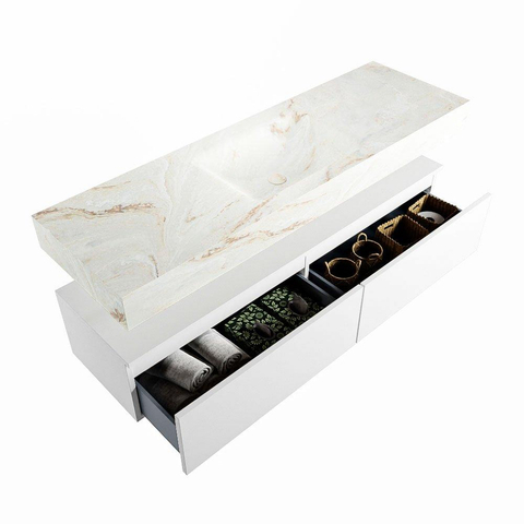 Mondiaz ALAN-DLUX Ensemble de meuble - 150cm - meuble Talc mat - 2 tiroirs - Lavabo Cloud Frappe suspendu - vasque Centre - 0 trous de robinet SW805246