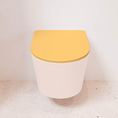 Mondiaz LAVIE hangtoilet – spoelrandloos – 36 x 53 cm – met softclose zitting – Rosee (roze), zitting Ocher (geel) SW1208677