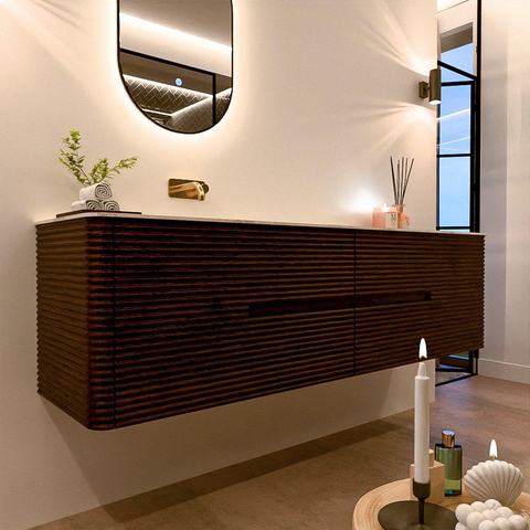 Mondiaz CIRO-DLUX Badkamermeubelset - 180x45x50cm - Solid surface wastafel Ostra - 1 wasbak Links - zonder kraangaten - 4 lades - Walnut SW1530418