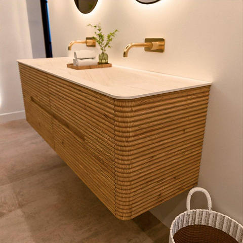 Mondiaz CIRO-DLUX Badkamermeubelset - 150x45x50cm - Solid surface wastafel Meli - 2 wasbak Dubbel - zonder kraangaten - 4 lades - Oak SW1531418