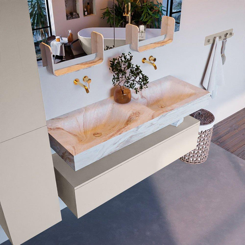 Mondiaz ALAN-DLUX Ensemble de meuble - 130cm - meuble Linen mat - 1 tiroir - Lavabo Cloud Frappe suspendu - vasque Gauche et droite - 0 trous de robinet SW805454